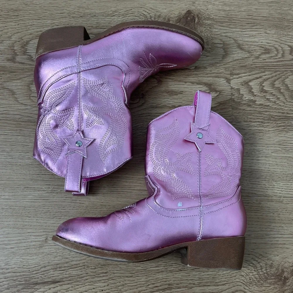 Metallic Pink Western Cowboy Boots Kids Size 2 Star Pull Tab Faux Leather
